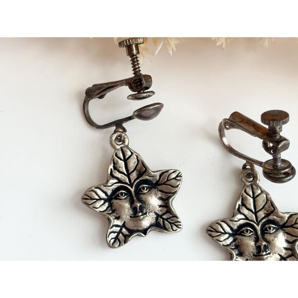Textured Tree Spirit Vintage Star & leaf Silver T Pewter Screw Back Earrings - Picture 4 of 9